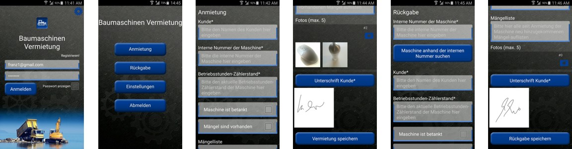 Smartphone App zur Erfassung der Baumaschinen Vermietung per Handy und Tablet